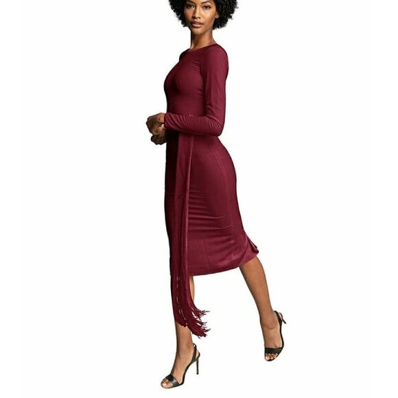 Dress the Population Caro Burgundy Long Sleeve Belted Sheath Dress Sz M - Picture 1 of 9